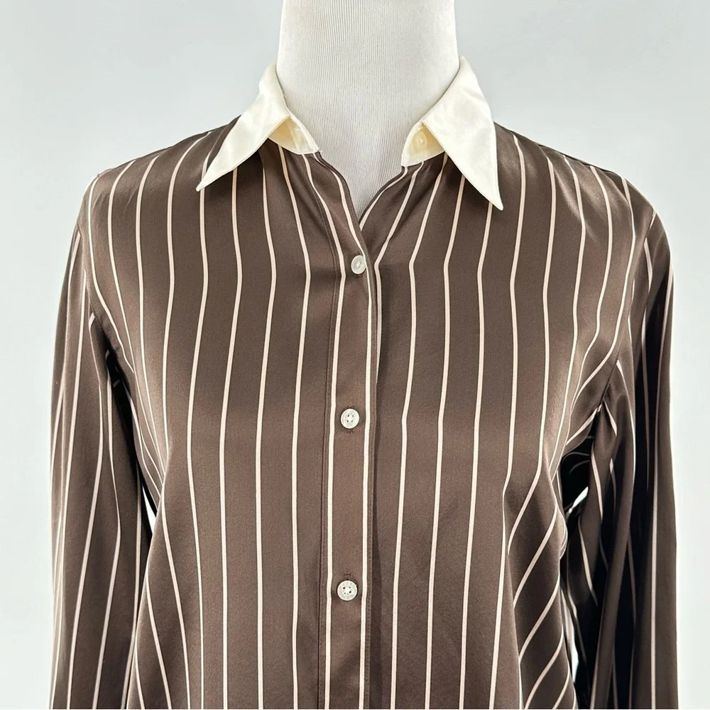 Lauren Ralph Lauren button down top 4P 100% silk brown cream stripes career